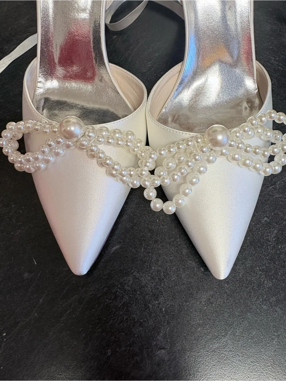 Pearl-Embellished Satin Pointed-Toe Pumps.